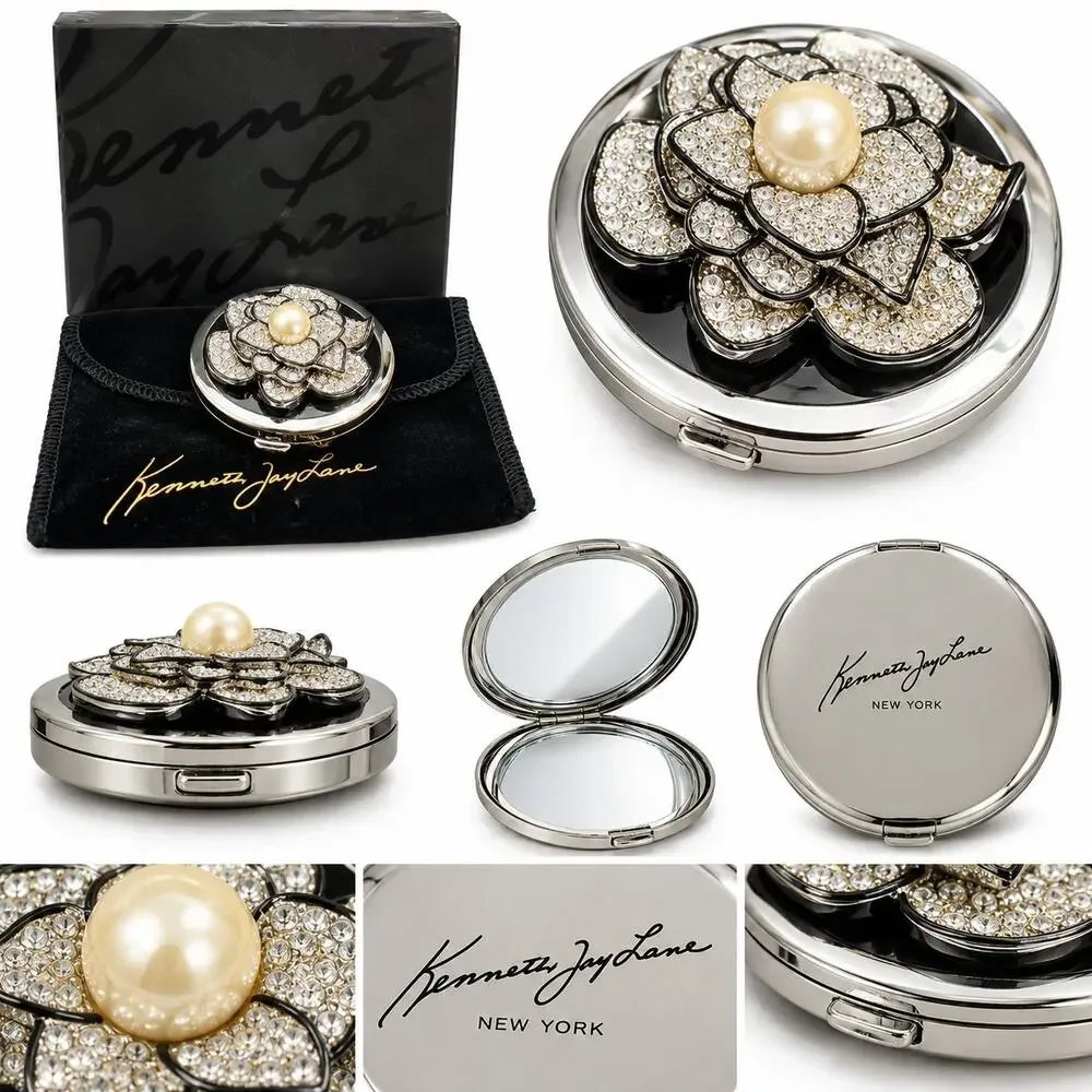 KENNETH JAY LANE KJL CRYSTAL FLOWER PEARL COMPACT MIRROR SILVER TONE W BOX